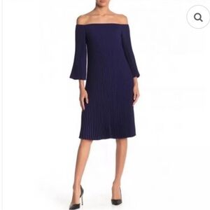 Trina Turk Navy Blue Pleated On Or Off Shoulder Dress 3/4 Sleeves Women’s XS